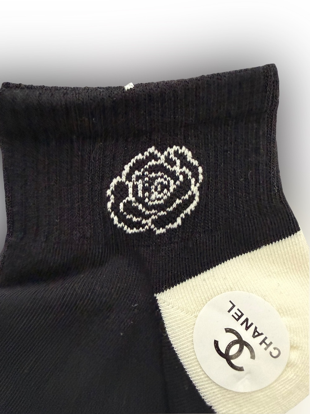 NWT 2 Pair Chanel Outlet Women’s Black and Cream Logo Socks - Picture 2 of 4
